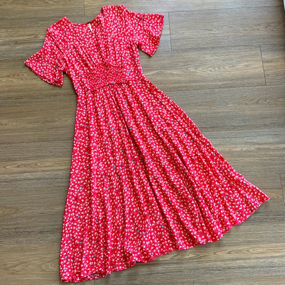Red FREE PEOPLE Floral Midi Dress Sz S